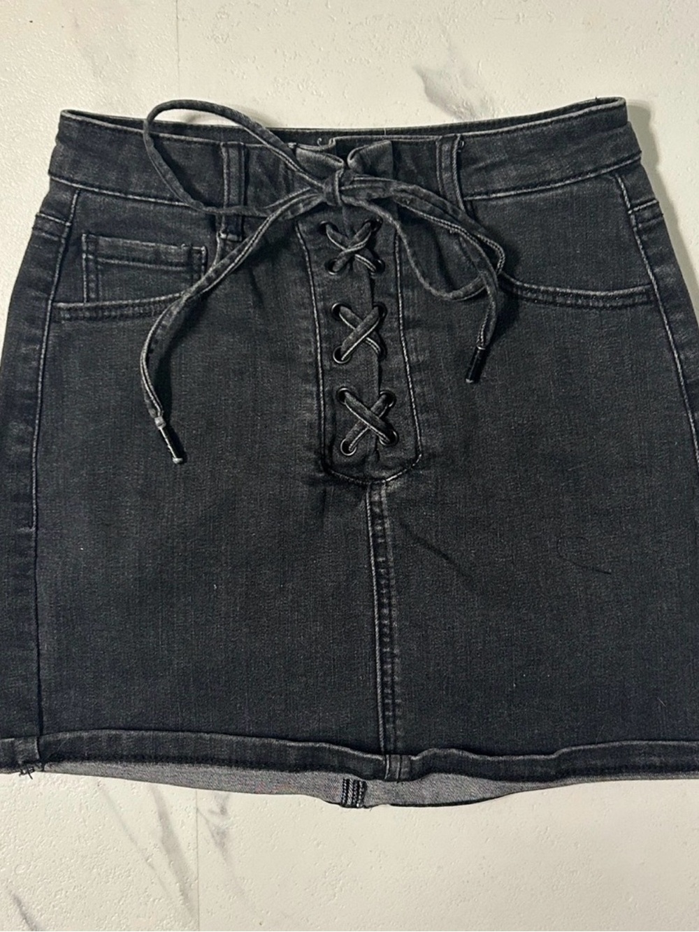 Garage Washed Black Denim Lace Up Front Mini Skirt Size XS